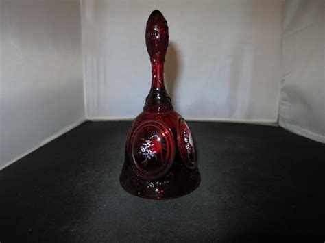 Fenton Art Glass Ruby Bell Hand Painted Rose Floral Signed Debi L