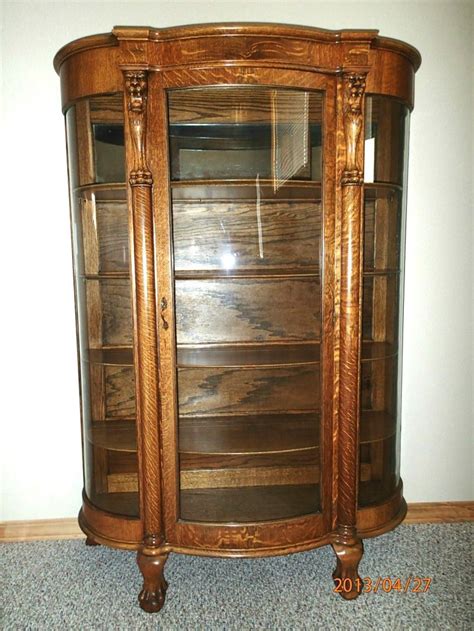 Antique Tiger Oak Bowed Glass Curio China Cabinet C