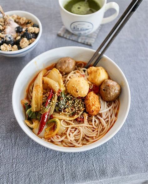 Rice Noodles In Hot And Spicy Broth With Meatballs Matcha Granola