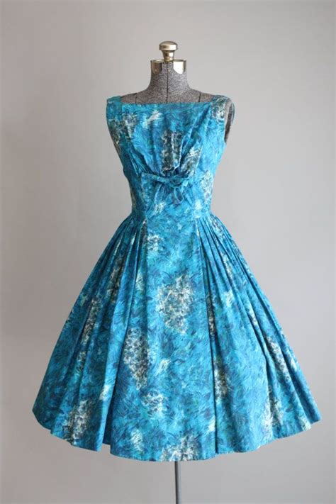 Vintage 50s Dress 1950s Cotton Dress Turquoise Floral Etsy