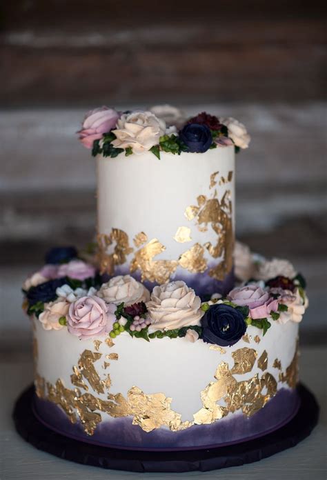 Purple Wedding Cake Gold Leaf Buttercream Roses Vintage