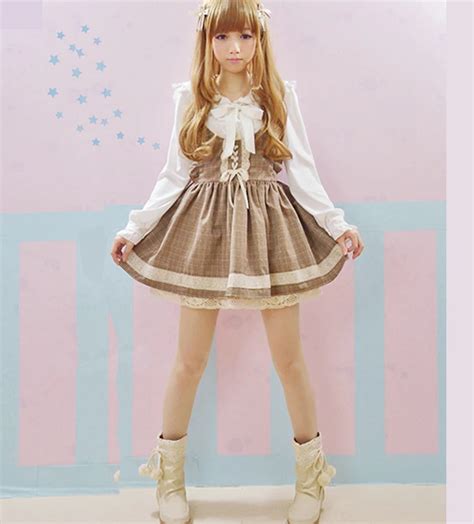 Japan Style High Waist Strap Skirts Khaki Plaid Lace Bandage Lovely