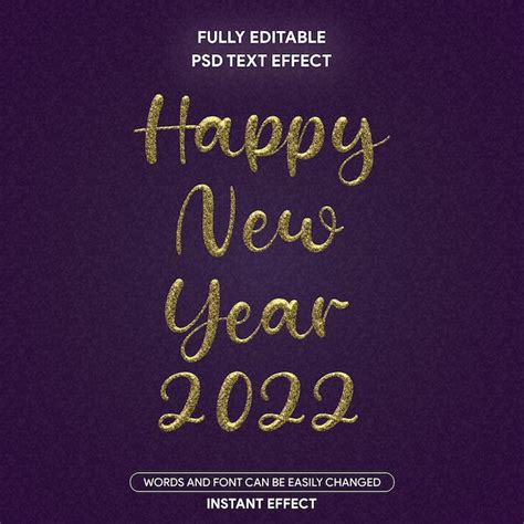 Feliz ano novo 2022 com efeito de texto glitter dourado psd editável
