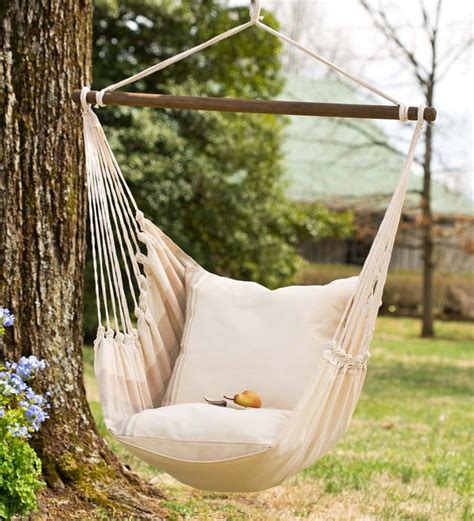 See more ideas about hammock, hammock swing, hammock swing chair. Beige Striped Cotton Hammock Chair Swing | PlowHearth