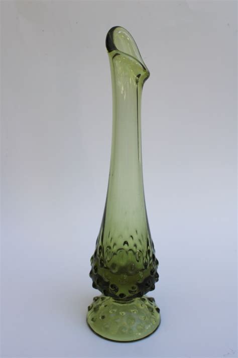Vintage Fenton Hobnail Pattern Bud Vase Mod Swung Shape Vase Avocado Green