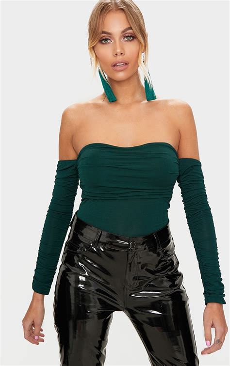 Emerald Green Bardot Ruched Sleeve Thong Bodysuit Prettylittlething