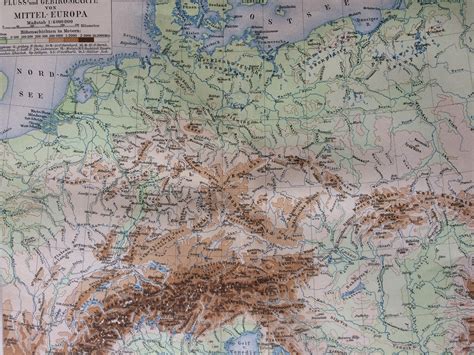 1894 Physical Map Of Central Europe Original Antique Map Mountains
