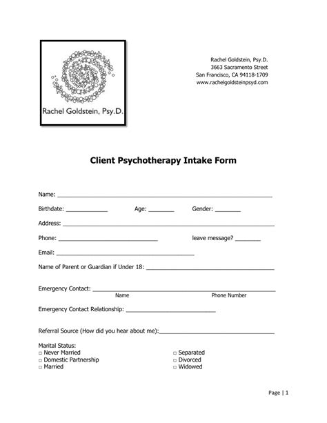 Client Psychotherapy Intake Form Rachel Goldstein Psy D Fill Out Sign Online And
