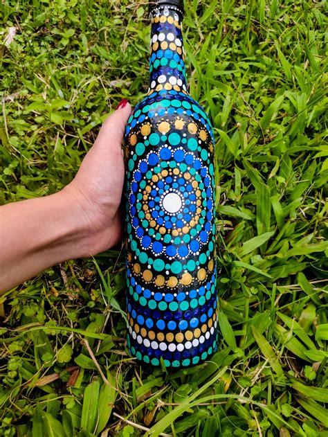 Painted Mandala Wine Bottle Etsy Glass Bottle Diy Bead Bottle Glass Bottle Crafts