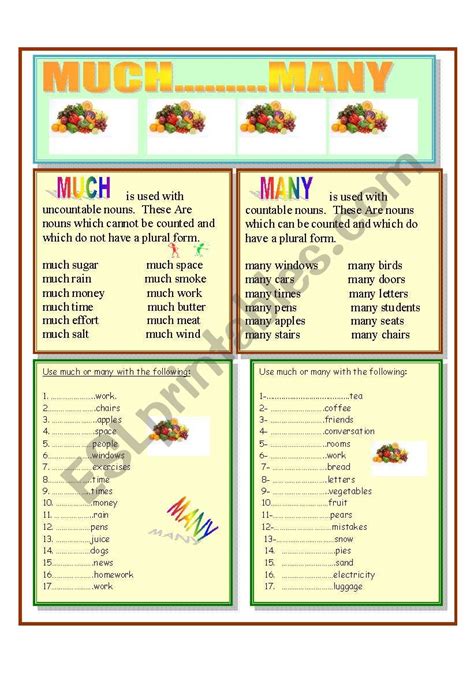 Much And Many Esl Printable Worksheets And Exercises E