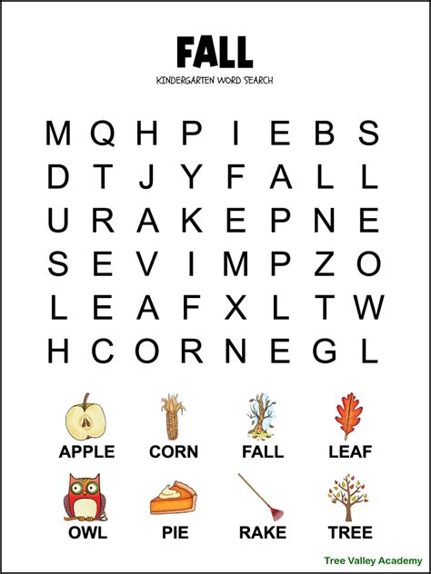 Kindergarten Fall Word Search Tree Valley Academy