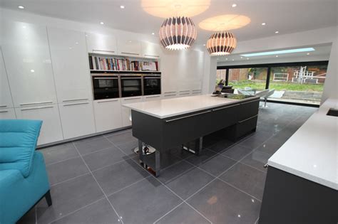 There's no risk to you, we'll collect and refund the samples once you have finished with them. Grey kitchen island in two-tone kitchen - Contemporary ...