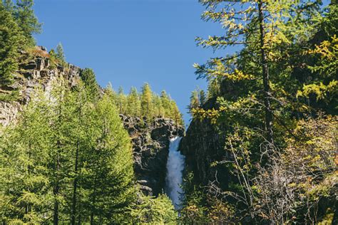 Mountain Autumn Landscape With Vertical Big Waterfall And Yellow Larch