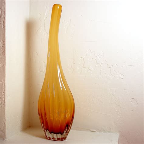 Murano Mid Century Modern Glass Vase Long Neck Ribbed Amber Etsy