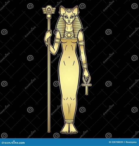 Animation Portrait Ancient Egyptian Goddess Bastet Bast Holds Symbols Of Power Staff And Cross