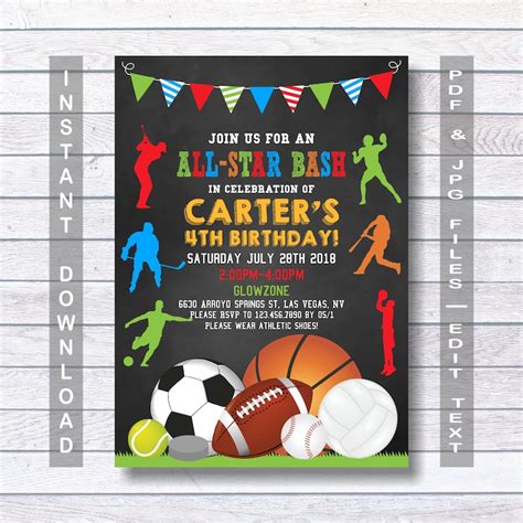 Sports Birthday Invitation Sport Party Invite Sports Etsy