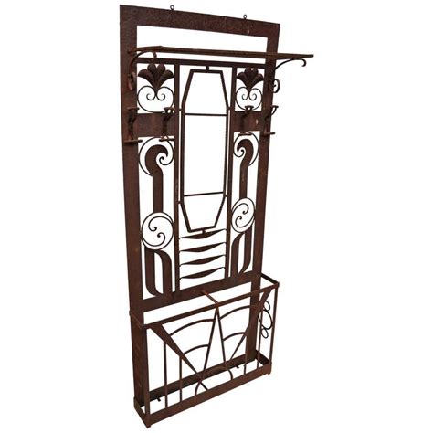 French Art Nouveau Art Deco Iron Hall Coat Tree Mirror Stand Edgar