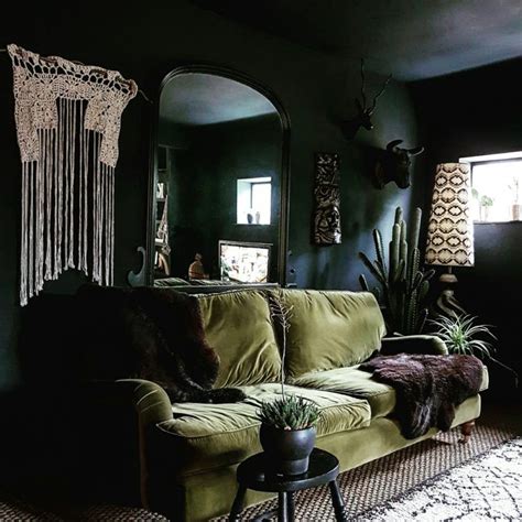 I Just Want To Curl Up On This Couch Black Walls And Green Sofa By