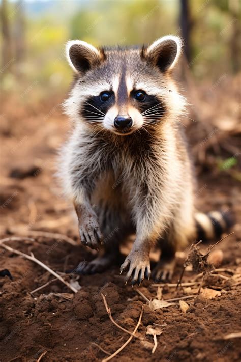 Premium Ai Image A Raccoon Standing On Its Hind Legs In The Dirt