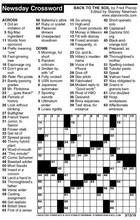 If the answers below do not solve a specific along with today's puzzles, you will also find the answers of previous nyt crossword puzzles that were published in the recent days or weeks. Newsday Crossword Puzzle for Mar 13, 2019, by Stanley ...