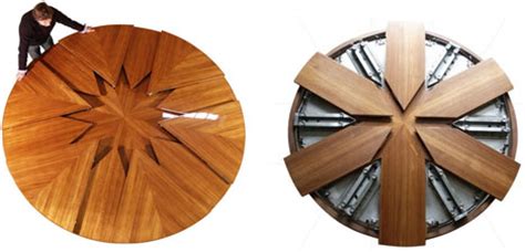 The design of the mechanism has been refined since this table was made, with the undercarriage now a perfect circle without the protrusions visible on this model, but the overall. High-Tech Dining Table Rotates, Expands & Doubles in Size