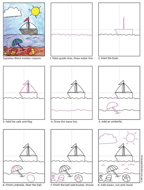 Easy How To Draw A Beach Tutorial And Beach Coloring Page Art