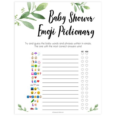 Baby Emoji Pictionary Printable Botanical Baby Shower Games
