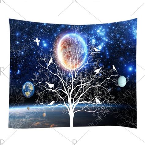 Galaxy Tree Print Tapestry Wall Hanging Decoration Blue W91 Inch