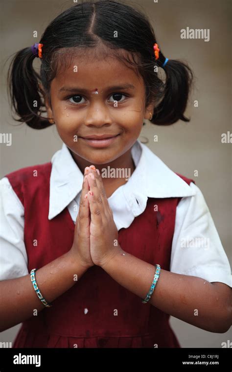School Girl Doing Namaste Andhra Pradesh South India Stock Photo Alamy