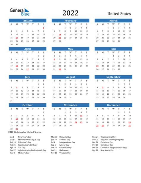 Details Of 2022 United States Calendar With Holidays