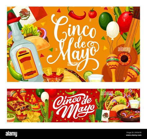 Cinco De Mayo Mexican Holiday Vector Greeting Cards Of Fiesta Party Food And Drinks Guitar