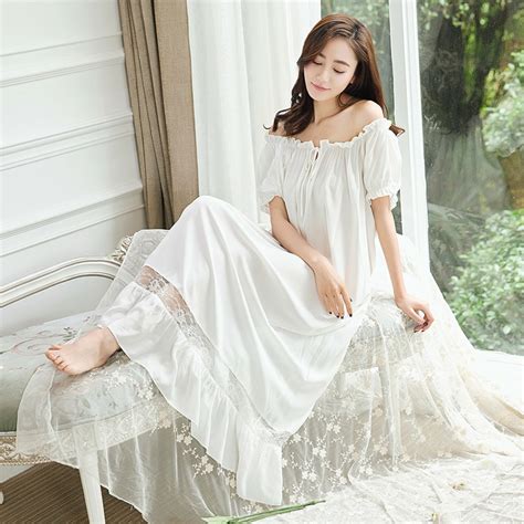 Womens Long Sleeping White Nightgown Short Sleeve Summer Nightdress