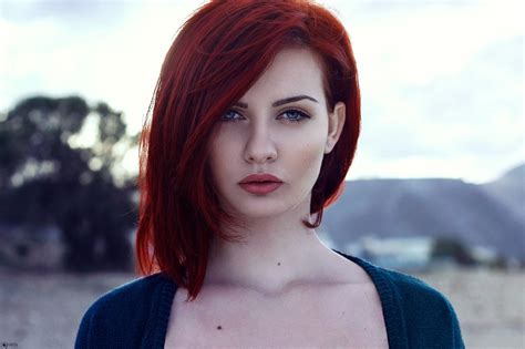 Women Model Redhead Looking At Viewer Red Lipstick Blue Eyes