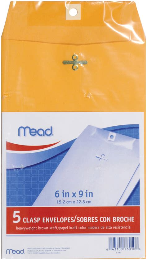 Mead Clasp Envelopes 6x9 5pkg Heavy Kraft 043100760108