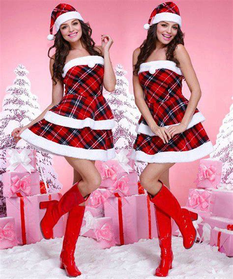 22 Off Sexy Strapless Sleeveless Plaid Womens Christmas Cosplay Costume Rosegal