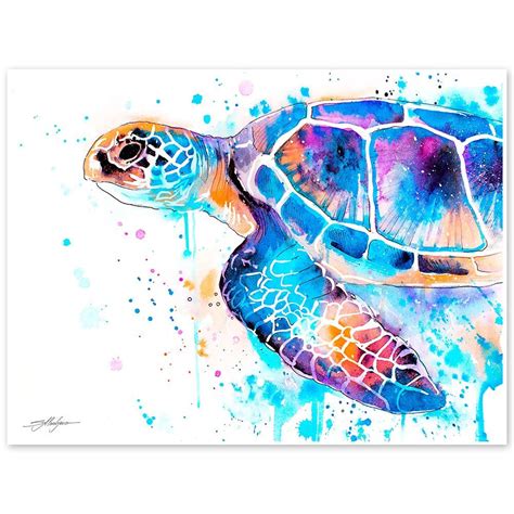 Blue Sea Turtle Watercolor Painting Print By Slaveika Aladjova