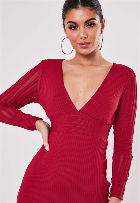 Premium Red Bandage Long Sleeve V Neck Mini Dress Missguided