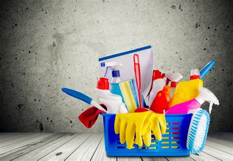 Cleaning Supplies In Bucket On Background Stock Photo Image Of