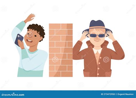 Espionage With Man Private Detective Hiding Behind Wall Listening To