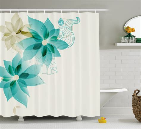 Teal Shower Curtain Vintage Inspired Floral Design With Abstract Vibrant Colored Natural