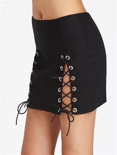 Sexy Club Wear Double Slit Lace Up Mini Skirt Latest Gangbang Wife