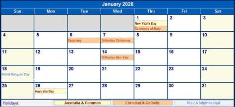 January 2026 Australia Calendar With Holidays For Printing Image Format