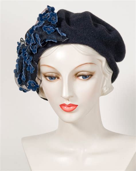 0408bef Beret Wool Felt Black With Navy Louise Green Millinery