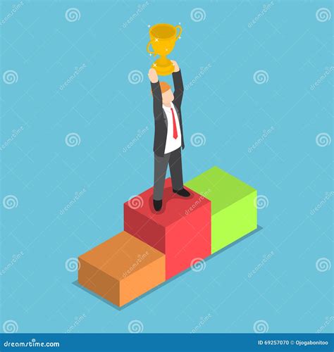 Isometric Businessman Standing On Pedestal And Holding Trophy Stock