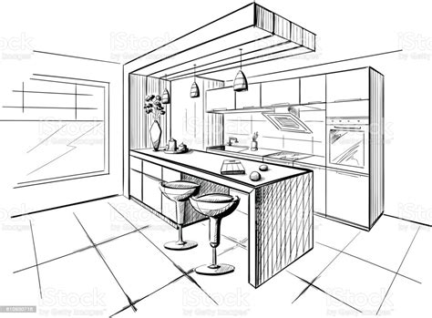 Interior Sketch Of Modern Kitchen With Island Stock