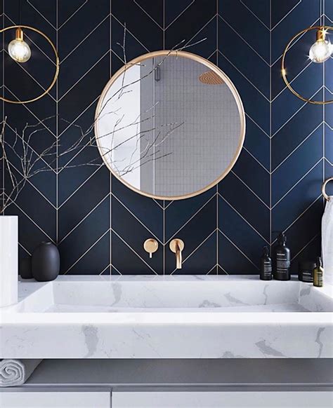 Traditional American Home Decor Navy Blue Tile Wall Bathroom In 2020