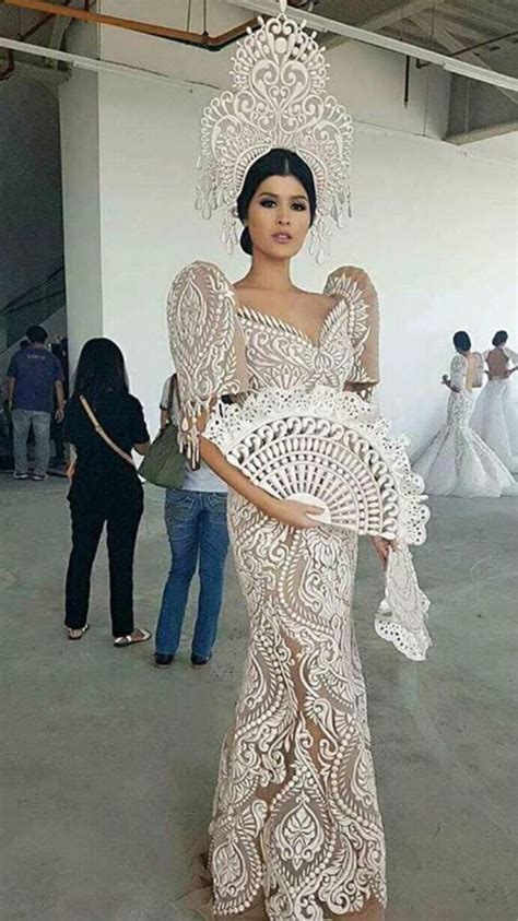 Filipiniana Gown Dress Butterfly Sleeves Fan Crown Horn Lace Modern