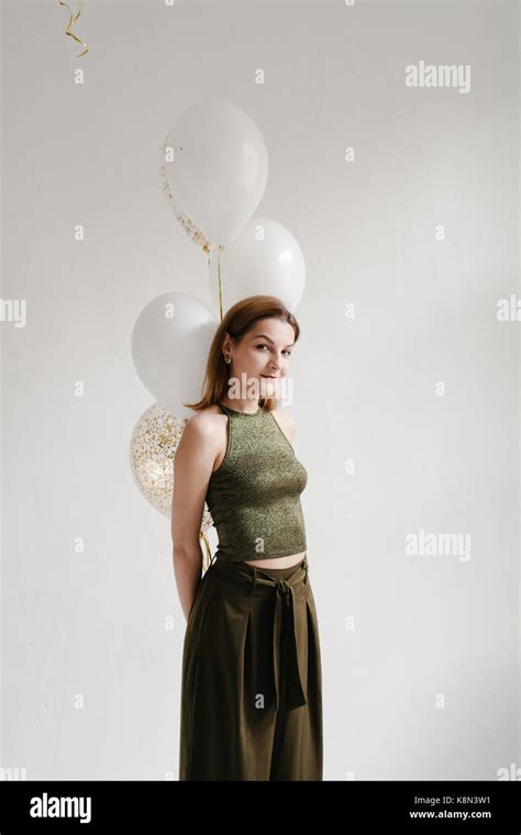 Fashion Photo Of Beautiful Woman With Balloons Girl Posing Studio Photo Stock Photo Alamy