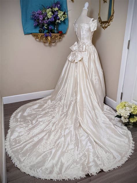 Vintage Shantung Silk Wedding Dress With Hand Sewn Beadwork And Floral
