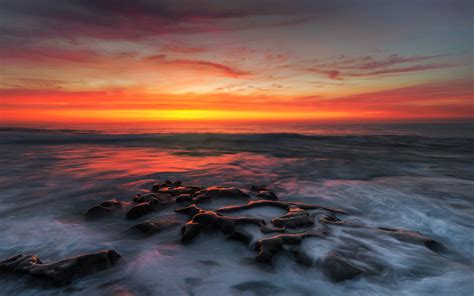 Sunset Sea Beach Stones Red Sky Cloud Beautiful Hd Wallpaper For Dektop ...